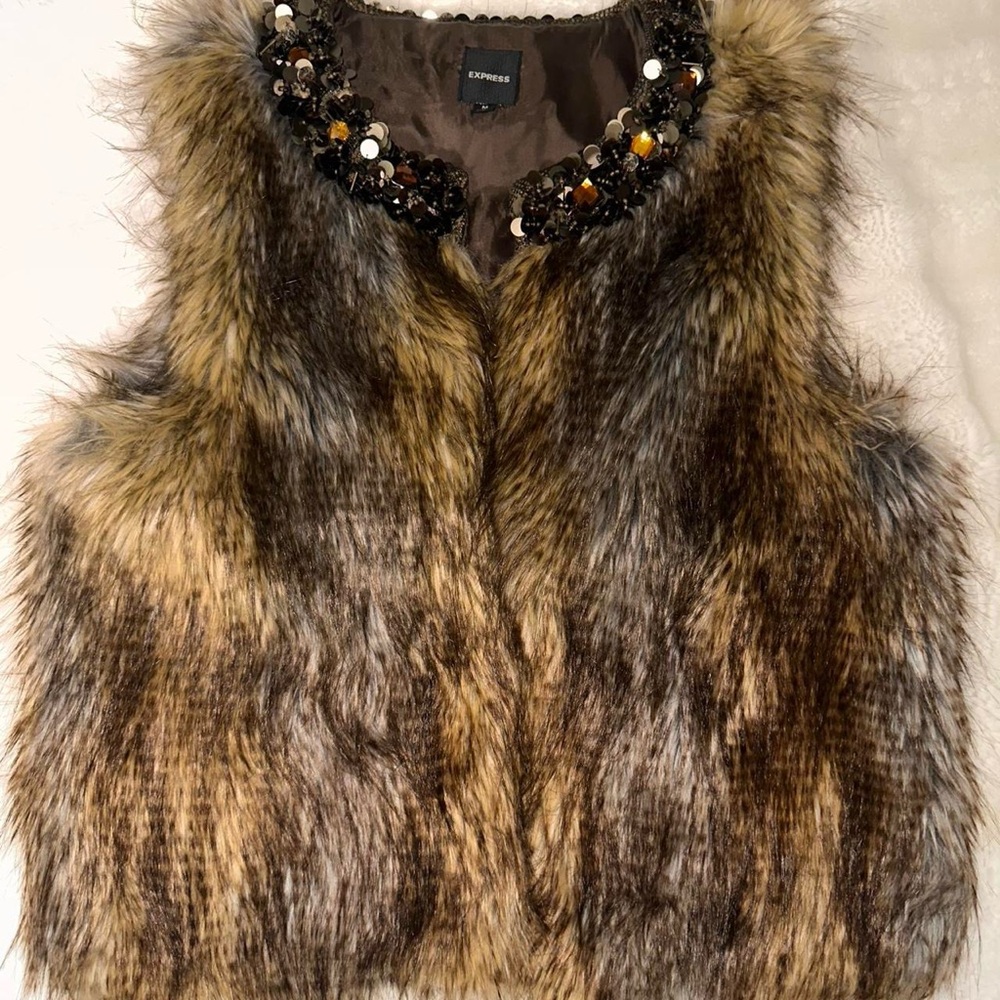 Vintage Express Faux Fur Vest with Embellished Collar